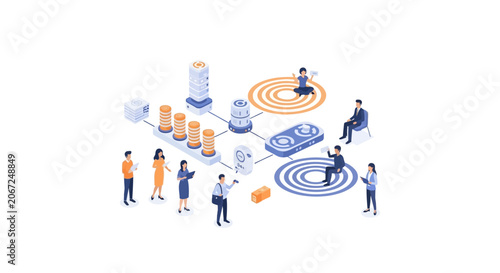 Isometric representation of a blockchain and cryptocurrency mining network with people.