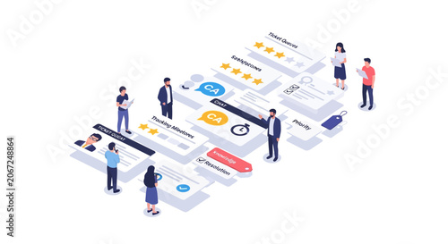 Isometric representation of business team management and digital project workflow.