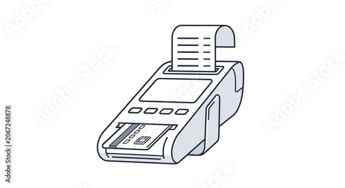 Line art illustration of a credit card payment terminal with a printed receipt.