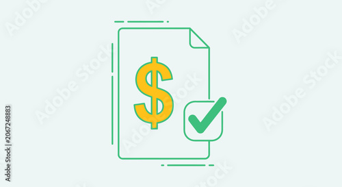Line art icon of a document with a dollar sign and a green checkmark symbol.