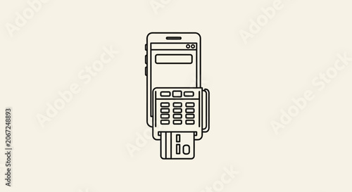 Line art illustration of a smartphone paired with a credit card payment terminal.