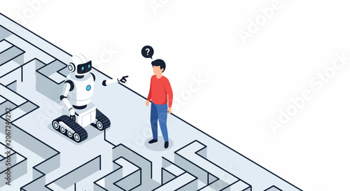 Robot helping a confused person navigate a complex maze, representing AI, technology, and problem-solving