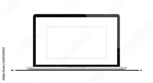 Modern laptop computer mockup with blank white screen isolated on white background.