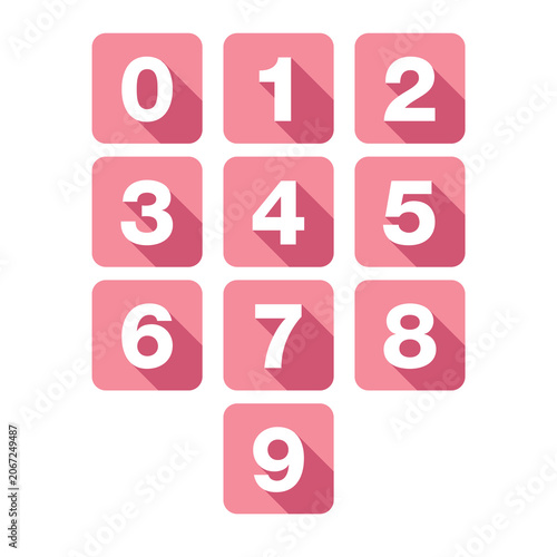 Set of pink square number icons with long shadow effect. Modern flat design suitable for educational materials, mobile applications, user interface and infographic projects.