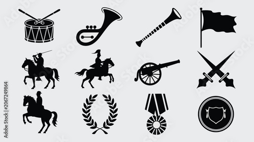 Obraz na plátně Set of military parade symbols featuring weaponry musical instruments and brave soldiers
