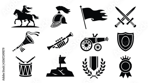 Fotografija Military parade icons featuring weaponry instruments soldiers and awards for projects