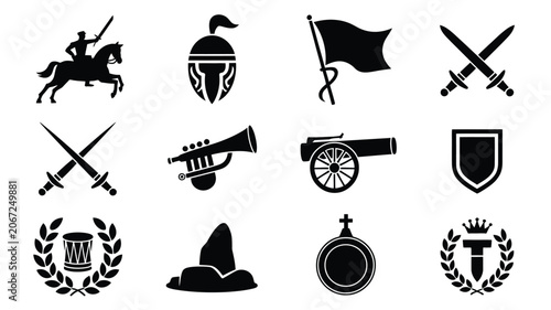 Slika na platnu Military victory symbols collection including helmets swords shields cannons and medals