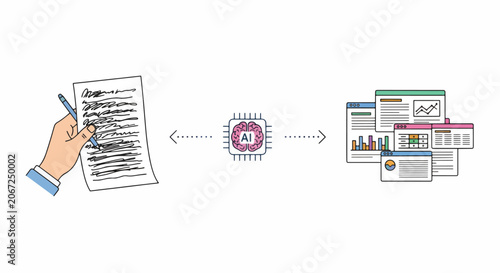 AI technology transforms handwritten notes into digital reports with charts and graphs, illustrating data analysis and automation.
