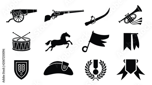 Schilderij op canvas Vintage war and military icons set featuring cannons firearms swords trumpets drums horses flags and shields
