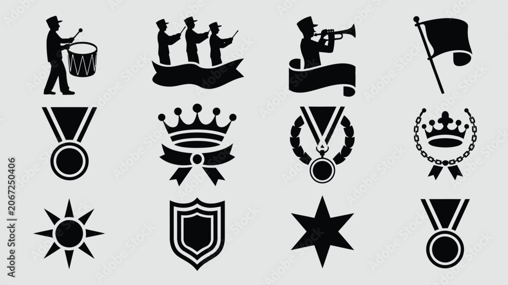 Obraz premium Marching band parade elements including drummer silhouettes trumpet players and award medals.