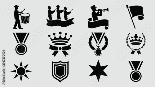 Photos Marching band parade elements including drummer silhouettes trumpet players and award medals