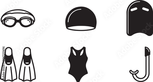 Φωτογραφία Black swimming and diving gear icon set with goggles, cap, fins, swimsuit, and s