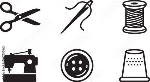 Cuadro en lienzo Black and white sewing tools icon set with scissors, needle, thread, button, thi