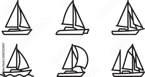 Obraz na plátne Six sailboat styles with different rigging designs in simple line art Vector