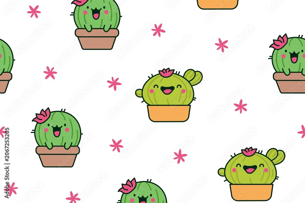 Obraz premium Smiling cartoon cacti with flowers in pots on white background