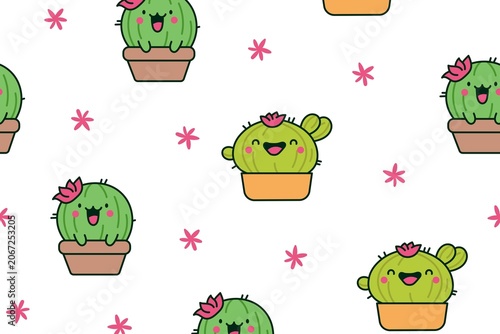 Fotografie Smiling cartoon cacti with flowers in pots on white background