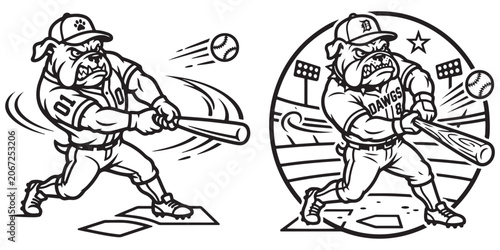 Aggressive bulldog baseball player with bat at home plate.