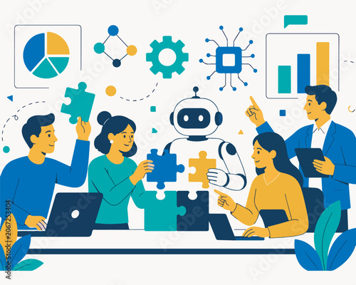 Human and AI Collaboration in Business, People Working Together with Robot to Solve Puzzle Vectors