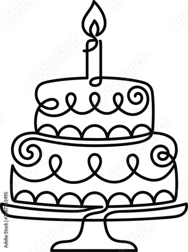 Continuous line art illustration of a two tier birthday cake with a single candle on top.