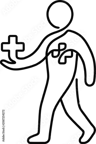 Minimalist line art icon of a human figure carrying a medical cross.