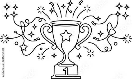Outline drawing of a first place trophy with celebration elements.