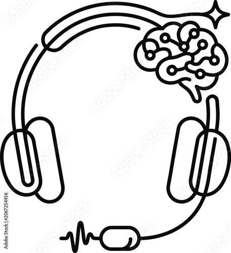 Minimalist line art illustration of headphones integrated with an artificial intelligence brain symbol.
