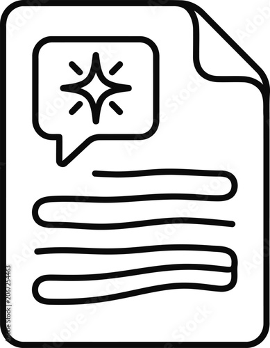 Outline icon of a document with a glowing star sparkle speech bubble.