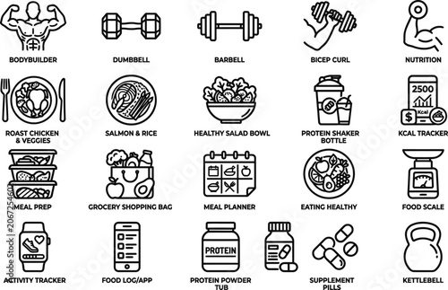 Set of fitness and nutrition icons representing healthy lifestyle.