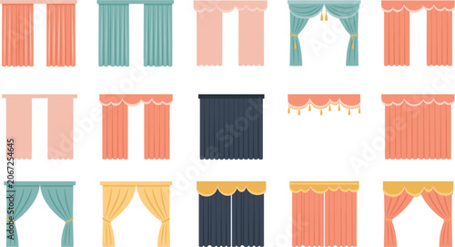 Photos Window curtains drapes and luxury valances flat vector illustration collection isolated on white background, colorful fabric textile interior decoration set for home room design