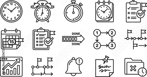 Set of project management and time tracking line icons.
