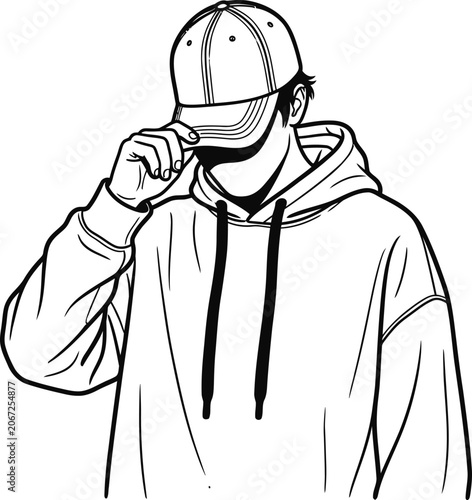 A young man wearing a hoodie and baseball cap line art drawing.