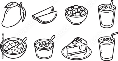 Cuadro en lienzo Illustrated mango-themed food and drink vector icons set Vector