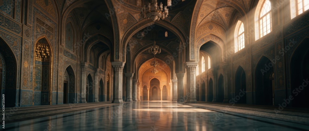 Obraz premium Grand Hallway with Arches and Sunlight Streaming Through Windows.