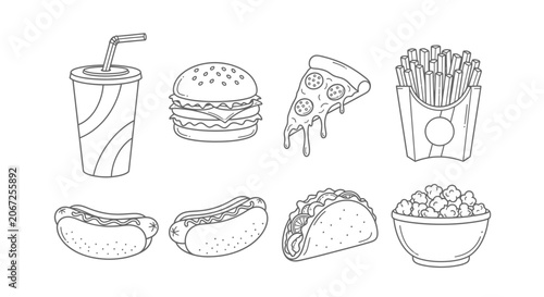 Hand-drawn illustration set featuring eight classic fast food items in line art style.