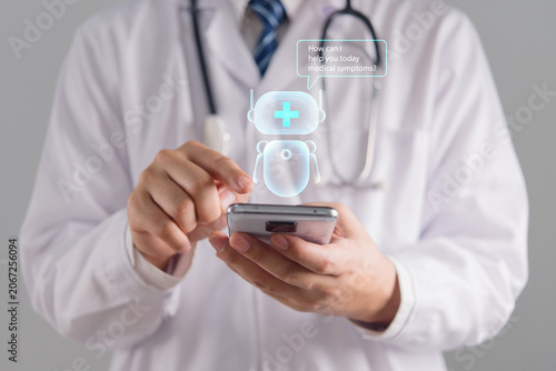 Telemedicine concept. Doctor using a mobile phone with a virtual AI assistant robot. Artificial intelligence in healthcare, remote diagnosis, and smart medical technology.