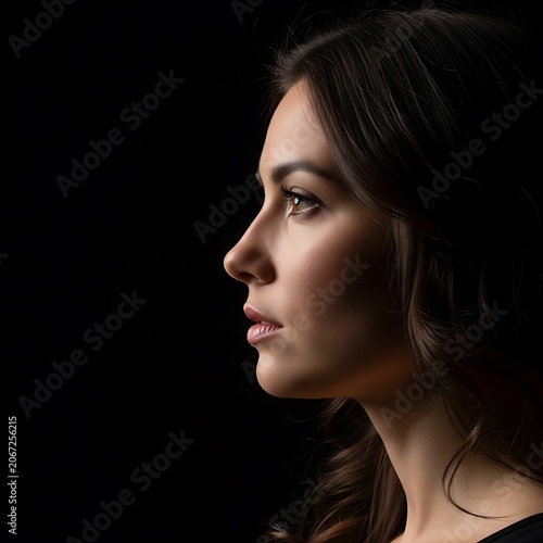 Woman with long dark hair looking thoughtfully into distance.