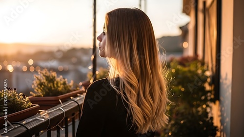 Woman with long hair overlooking city skyline at dusk.