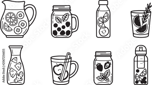 Fotografía Assorted infuser water bottles and jars with fresh fruit and herbs Vector