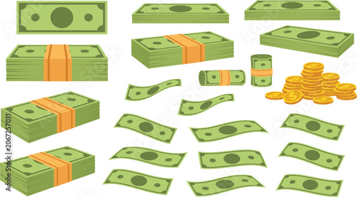 Bilde på lerret Green paper money cash stacks banknotes and gold coins vector illustration collection isolated on white background, financial success economy and wealth cartoon design elements