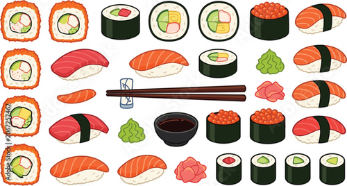 Cuadro en lienzo Japanese sushi rolls and nigiri set with chopsticks soy sauce wasabi and ginger vector illustration isolated on white background, traditional asian food flat cartoon icons