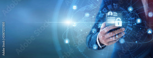 Compliance officer with hand hold mobile enforcing Data Privacy standards. They thoroughly secure sensitive user accounts and prevent illegal network leaks. Protected info is safe.