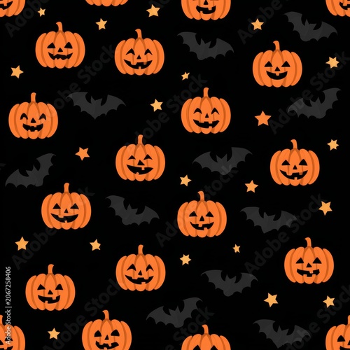 Halloween Pattern with Pumpkins, Bats, and Stars
