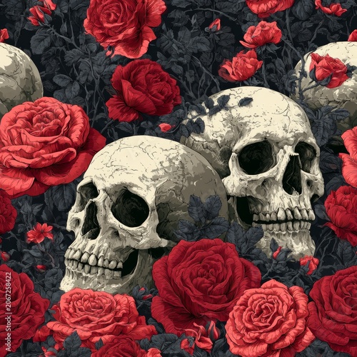 Skulls and Red Roses Gothic Floral Pattern