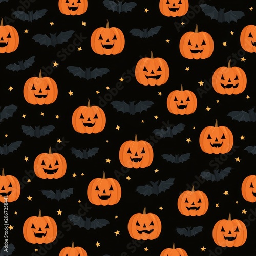Spooky Halloween Pattern with Pumpkins and Bats