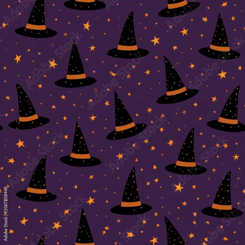 Seamless Halloween Pattern of Witch Hats and Stars