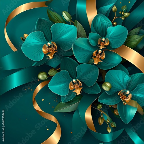 Close up of green glass beads with gold centers.