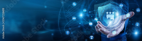Analyst hand-holds FEEDBACK global network insights. Professional working on laptop gathering user reviews and customer ratings. Essential data for service improvement and satisfaction.