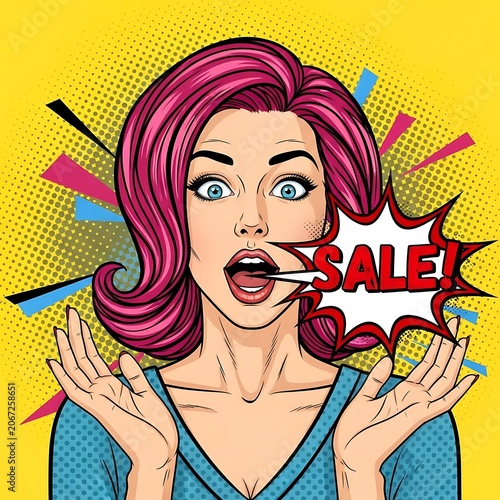 Woman with pink hair holding sale sign excitedly.