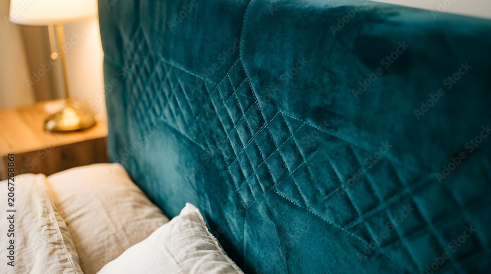 Obraz premium Luxurious deep teal velvet upholstered headboard with diamond tufting texture on a comfortable bed in a cozy bedroom setting with soft lighting from a bedside lamp adding warmth and inviting