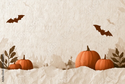 Halloween pumpkins and bats on textured background